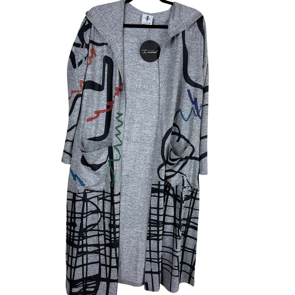 NWT Inoah Gray Multicolor Geometric Art To Wear Hooded Duster Cardigan Size XS